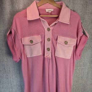 Oddi Pink Waffle Knit Short Sleeve Polo Dress Oversized Medium Cottagecore